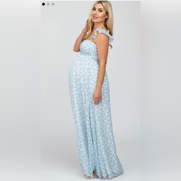 Light Blue Floral Chiffon Sweetheart Maternity Maxi Dress - Picture 3 of 13